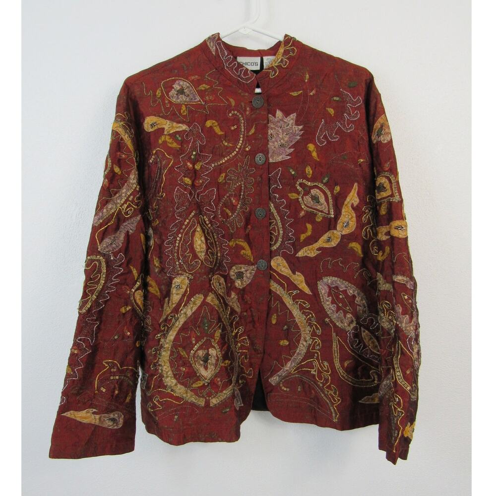 Chico's Size 1 Jacket 100% Silk Rust Embroidered Embellished Medium Size 8